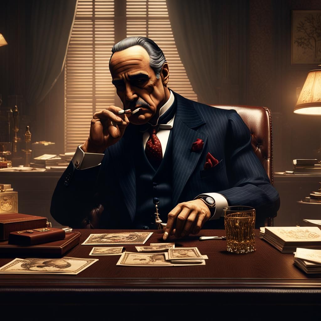 Godfather at Desk Smoking: Detailed Digital Matte Painting