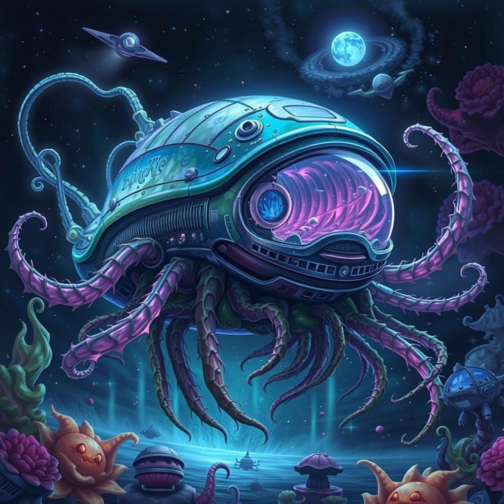 Surreal Fusion: Spaceship, Deep Sea, and Anime Art