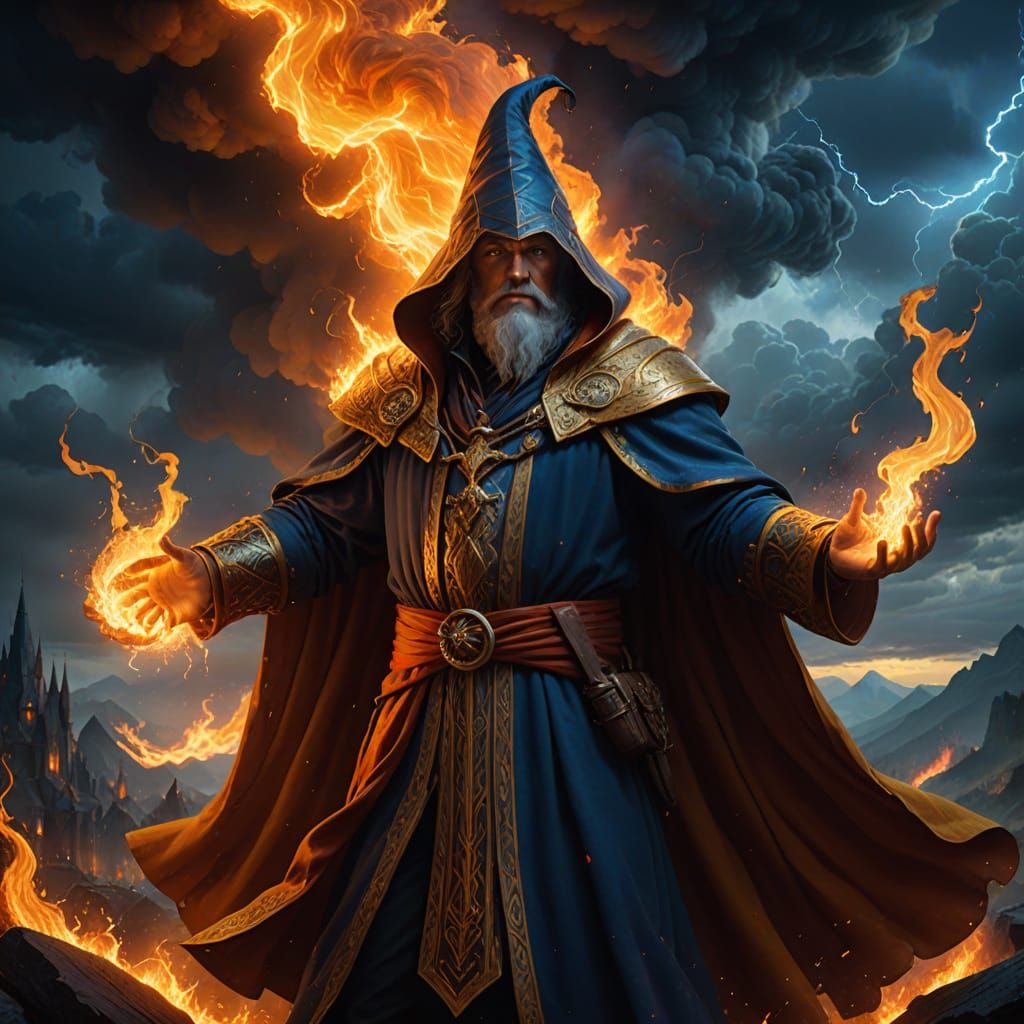 Surreal Dark Fantasy Oil Painting of a Wizard in a Fiery Thu...