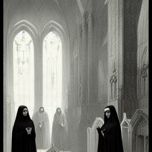 Eerie Nuns at Church in Horror Style