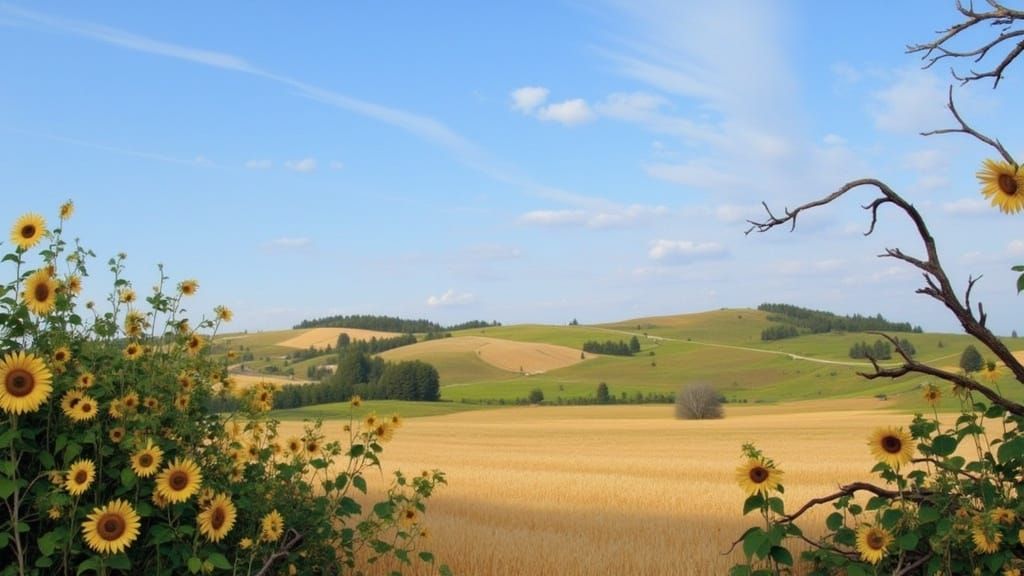 Sunflowers and Wheat Fields in Impressionist Style
