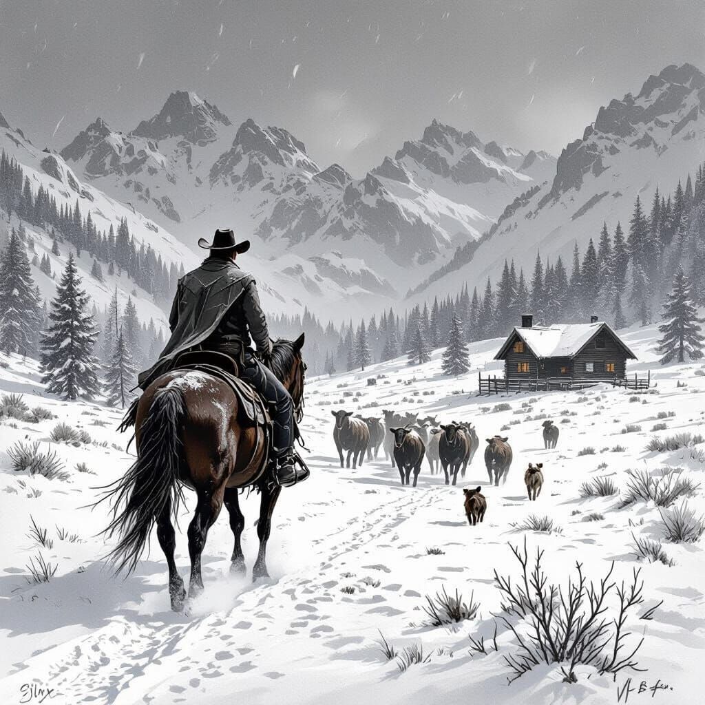 Cowboy Herding Cattle in Mountain Blizzard Charcoal Drawing