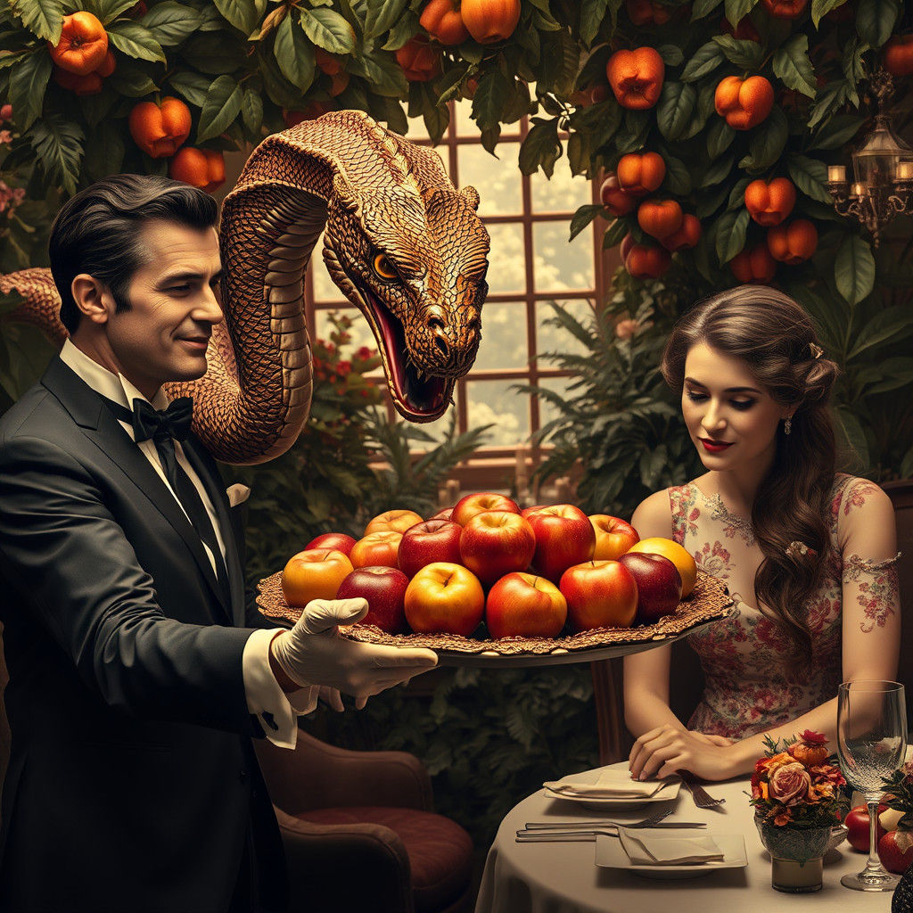 Serpent Waiter Serves Apples in Lush Garden