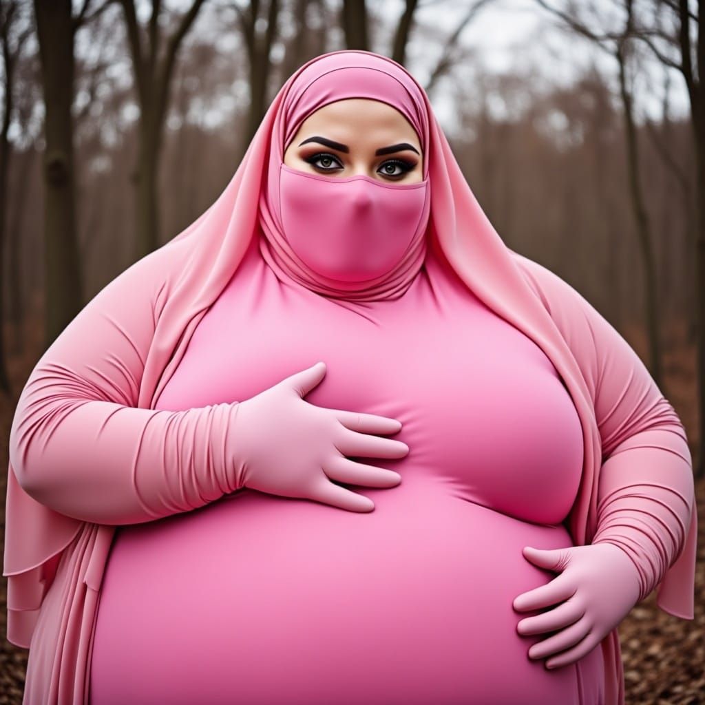 Plus Size Woman in Pink Niqab and Latex Catsuit