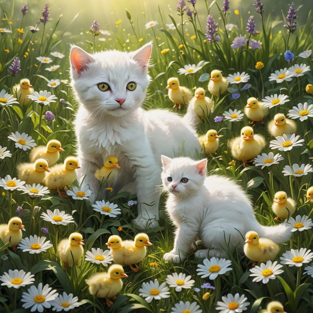 Kitten and Ducklings Play in Misty Meadow