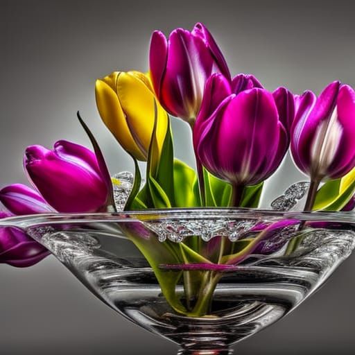 Hyperrealistic Tulips in Crystal Bowl, HDR