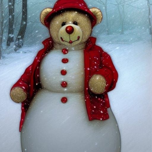Teddy Bear Makes Snowman in Hyper-Realistic Style