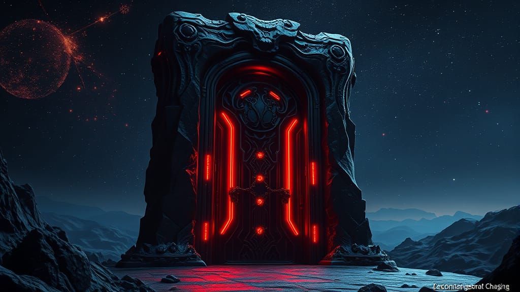 Eerie Door in Space with Red Neon Lights