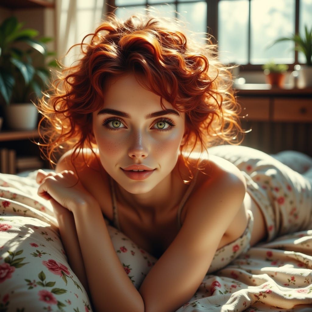 Young Woman in Sunlit Loft, Hyperrealistic Photo