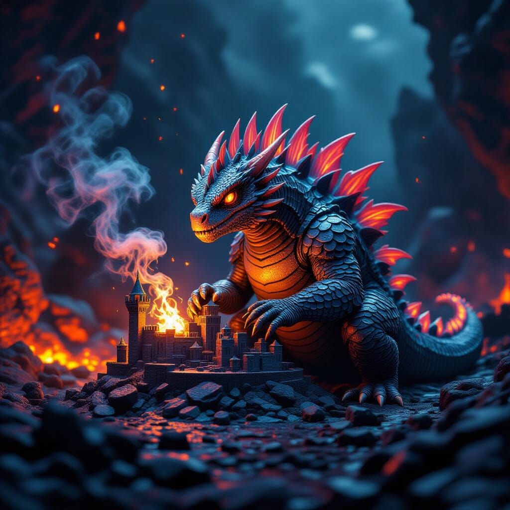 Miniature Sea Monster Sculpts Obsidian City in Lava Lair