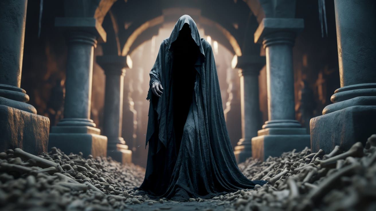 Ghostly Figure in Crypt: Cinematic Dark Fantasy