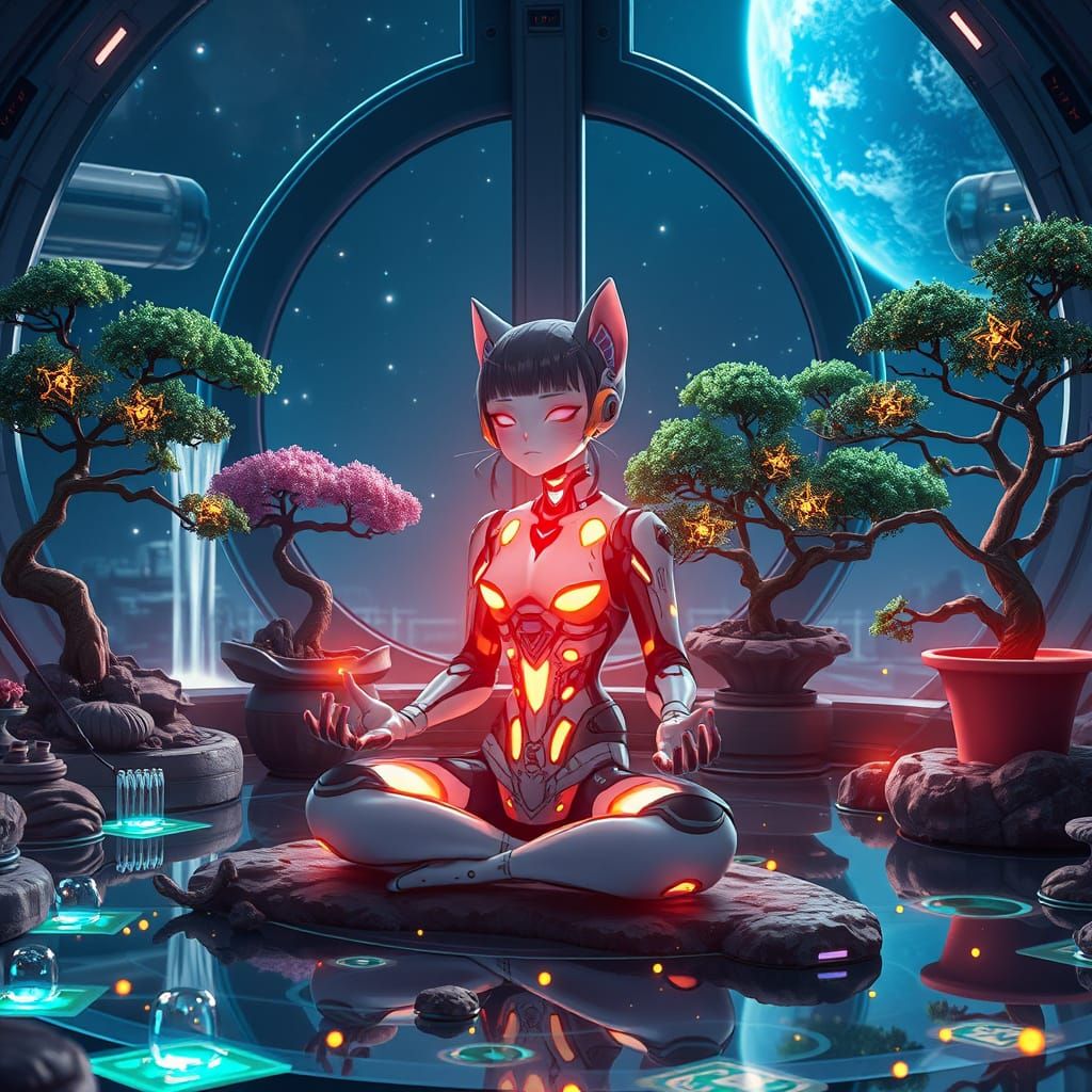 Zen Android Catgirl in Futuristic Garden as Anime