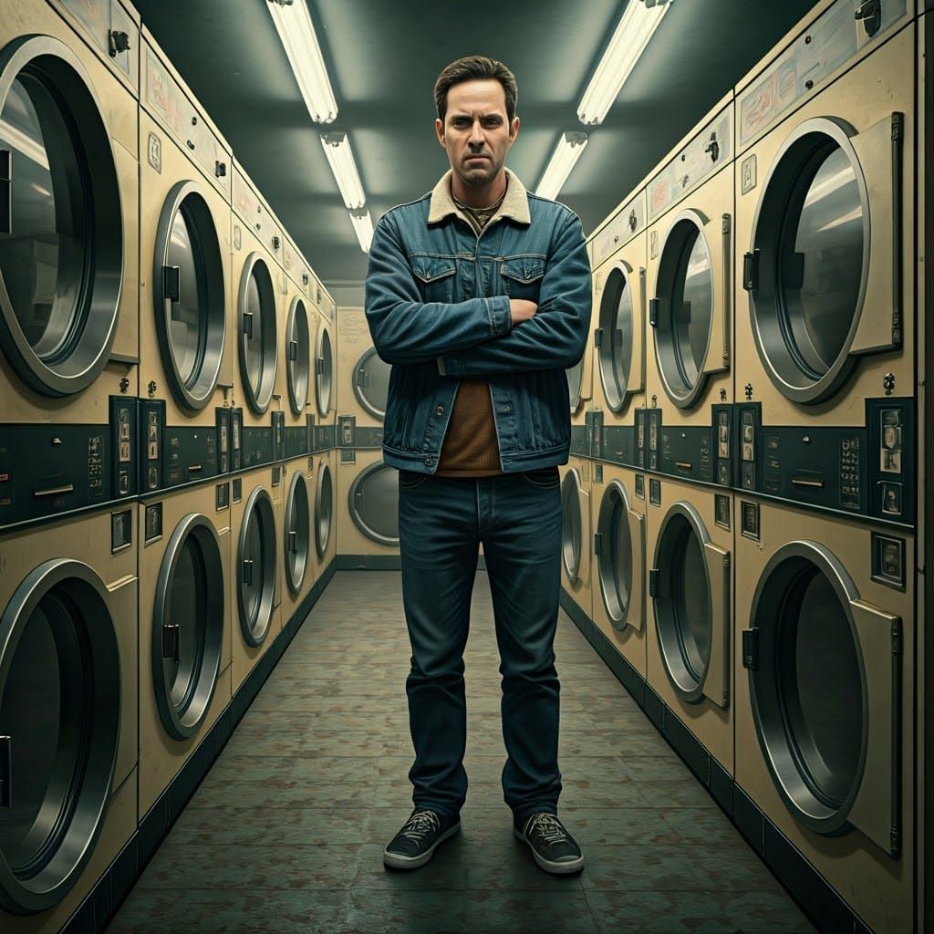 Frustrated Man at Laundromat in Photorealistic Style