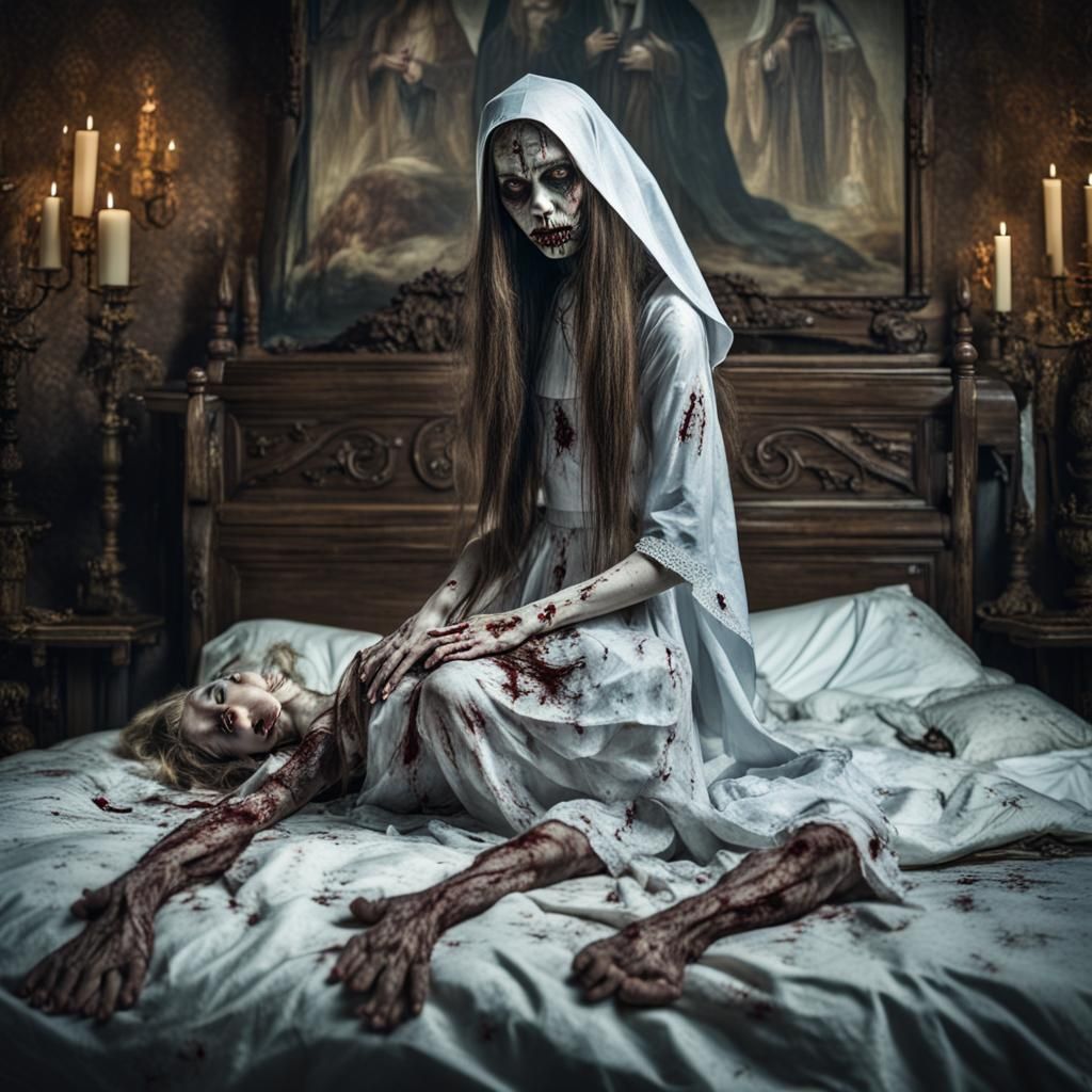 Zombie Nun in Anime Style: Hyperdetailed, Photorealistic