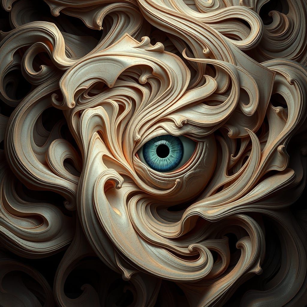 Ethereal Eye Amidst Whirling Shapes in Hyperrealistic Detail