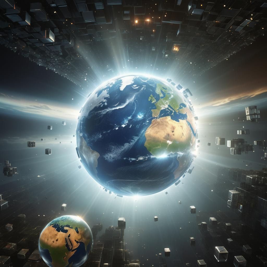 Earth-like Planet Surrounded by Silver Cubes