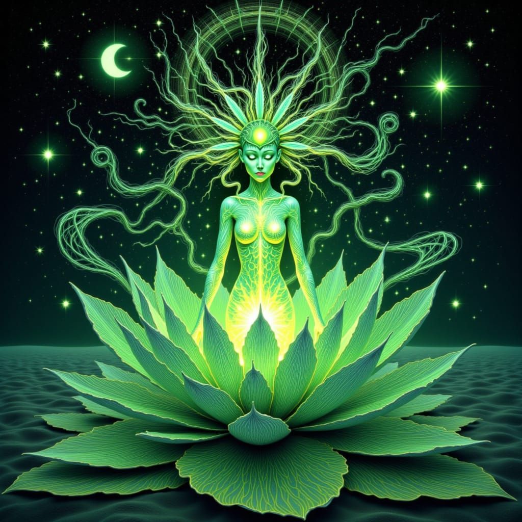 Bioluminescent Spirit Emerges from Lotus Flower in Psychedel...