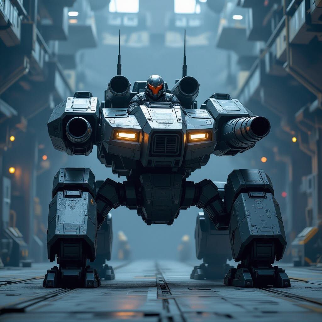 Mech Pilot in Camulus Heavy Assault Mech, Industrial Setting