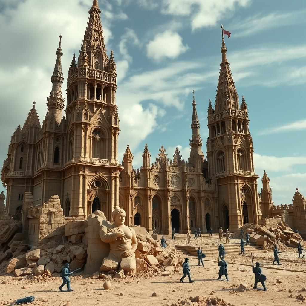 Medieval Sandcastle Ruins with Toy Soldiers: Neoclassical Et...