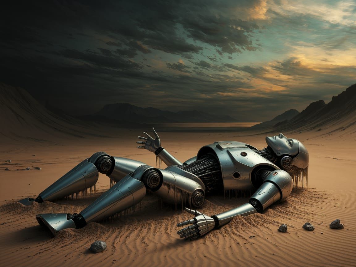 Melting Robot in Wasteland: Dali-Inspired Sci-Fi