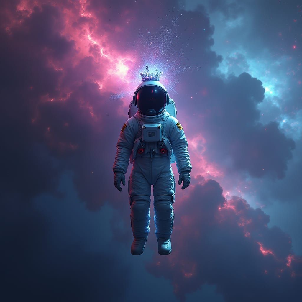 Astronaut with Crystal Crown in Cosmic Nebula