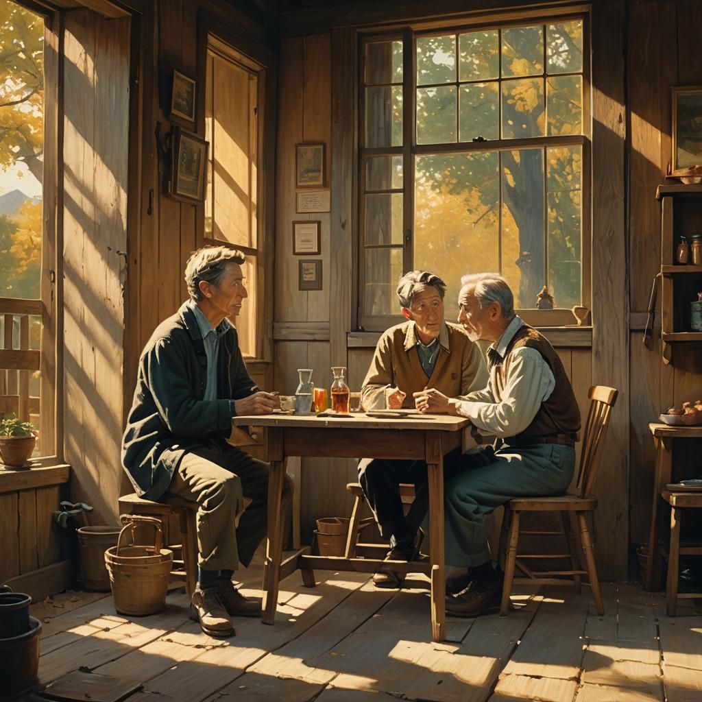People Conversing in Nostalgic Oil Painting Style