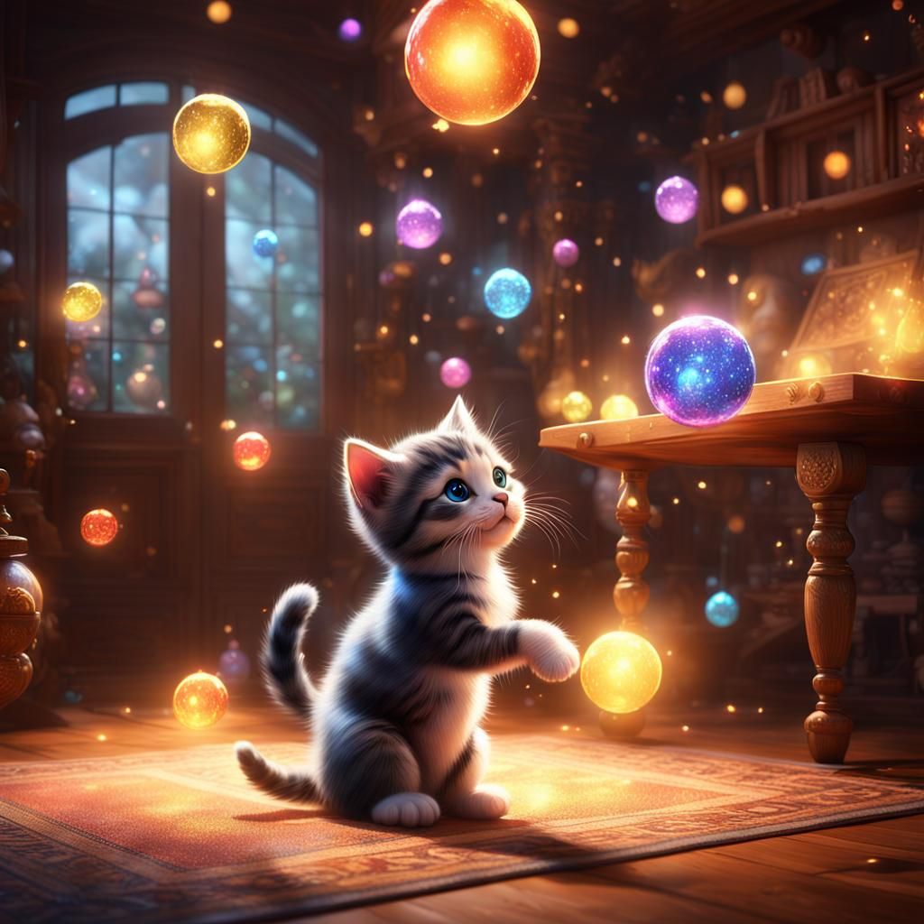 Kitten and Enchanted Orbs in Detailed Digital Painting
