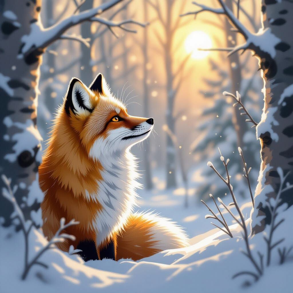 Snow Fox Gazing at Sun in Whimsical Style