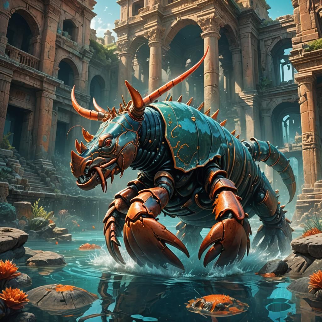 Underwater Rhino Lobster in Ancient Ruins