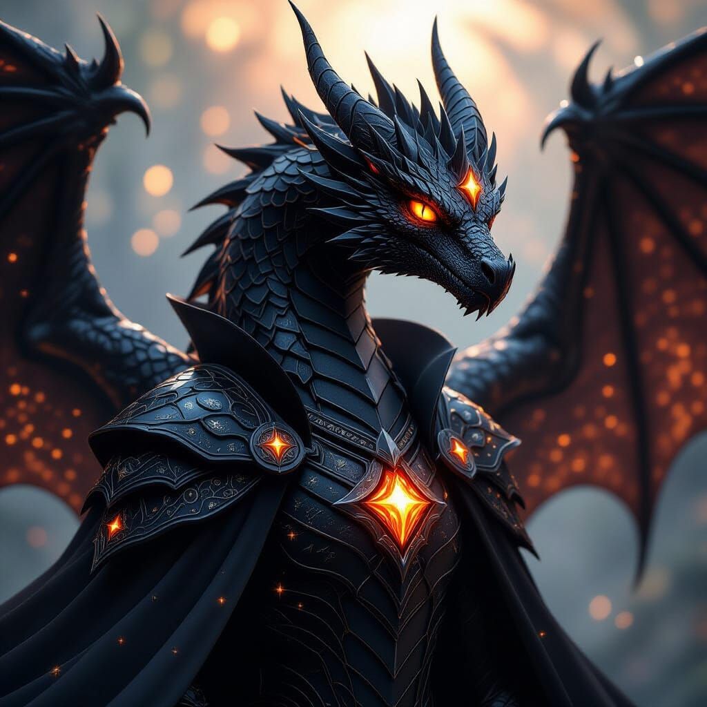 Black Fire Dragon Knight in Star Cape, Surreal Dreamscape