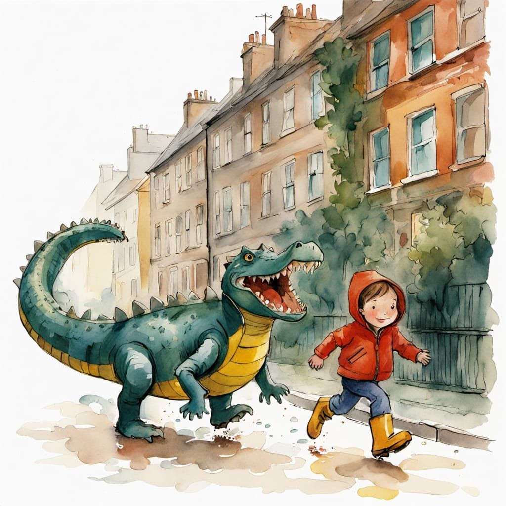 Child's Joyful Chase with Comical Crocodile in Watercolour