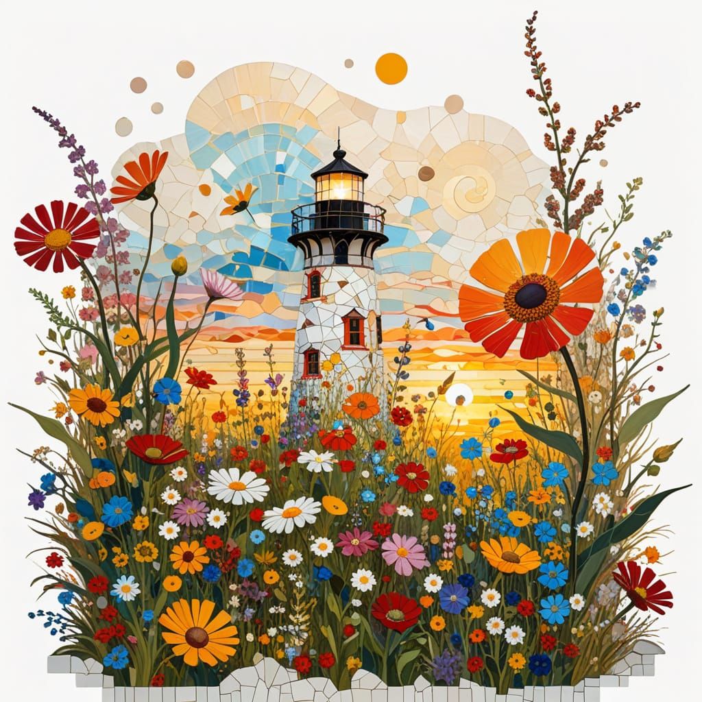 Wildflowers at Lighthouse Sunset, Klimt-Inspired Mosaic Land...