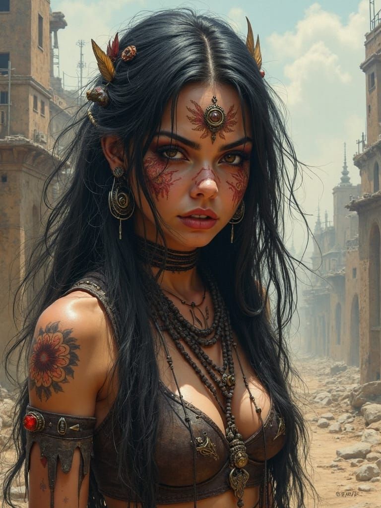 Dieselpunk Comanche Huntress in Ruined City
