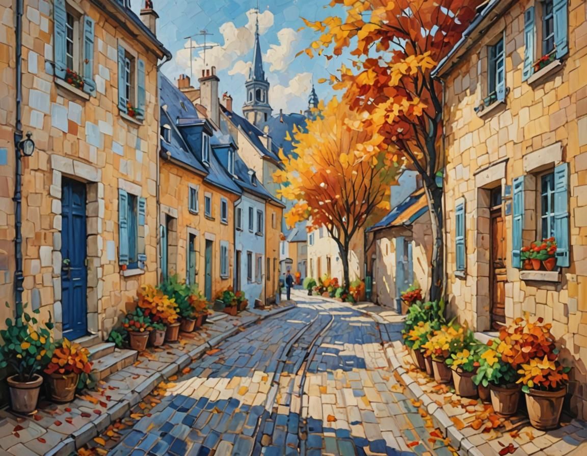 French Village Street Scene in Autumn, Expressionist Style