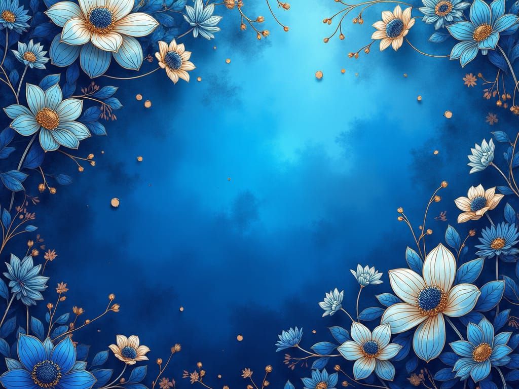 Electric Blue and Gold Floral Art in Matte Style
