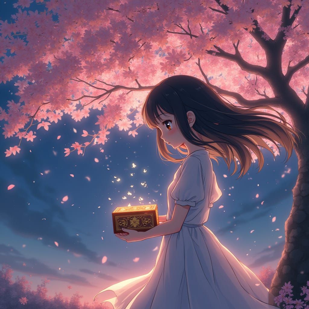 Girl Under Sakura Tree at Twilight: Anime Art