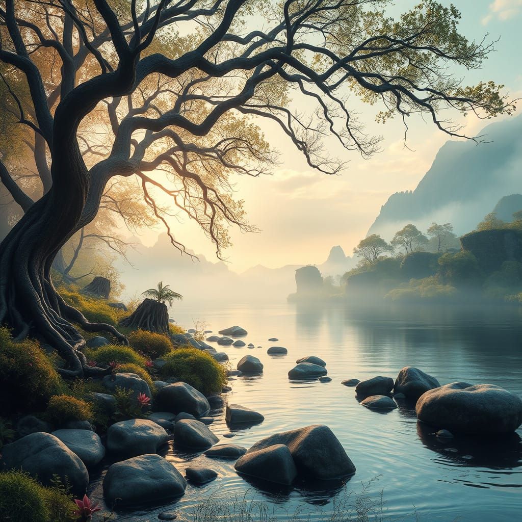Mystical River Landscape in Hyper-Realistic Style