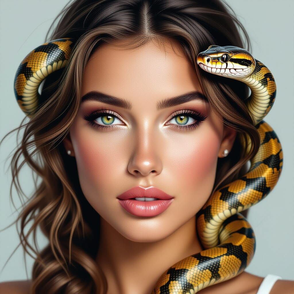 Hyperrealistic Portrait of a Woman with Snake Hair