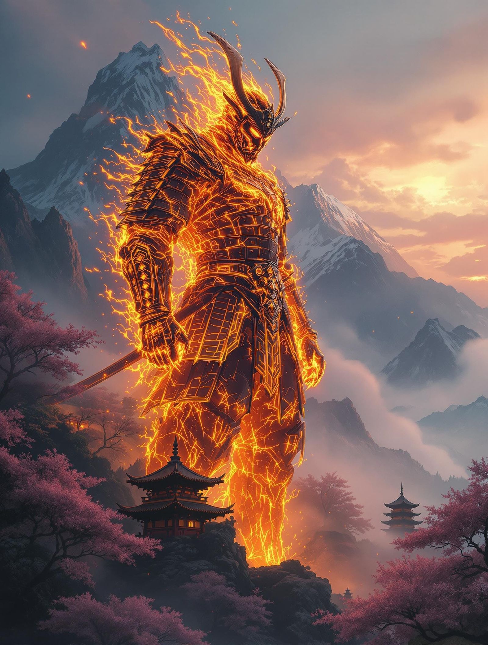 Fiery Samurai in Mountain Landscape, Digital Matte Painting
