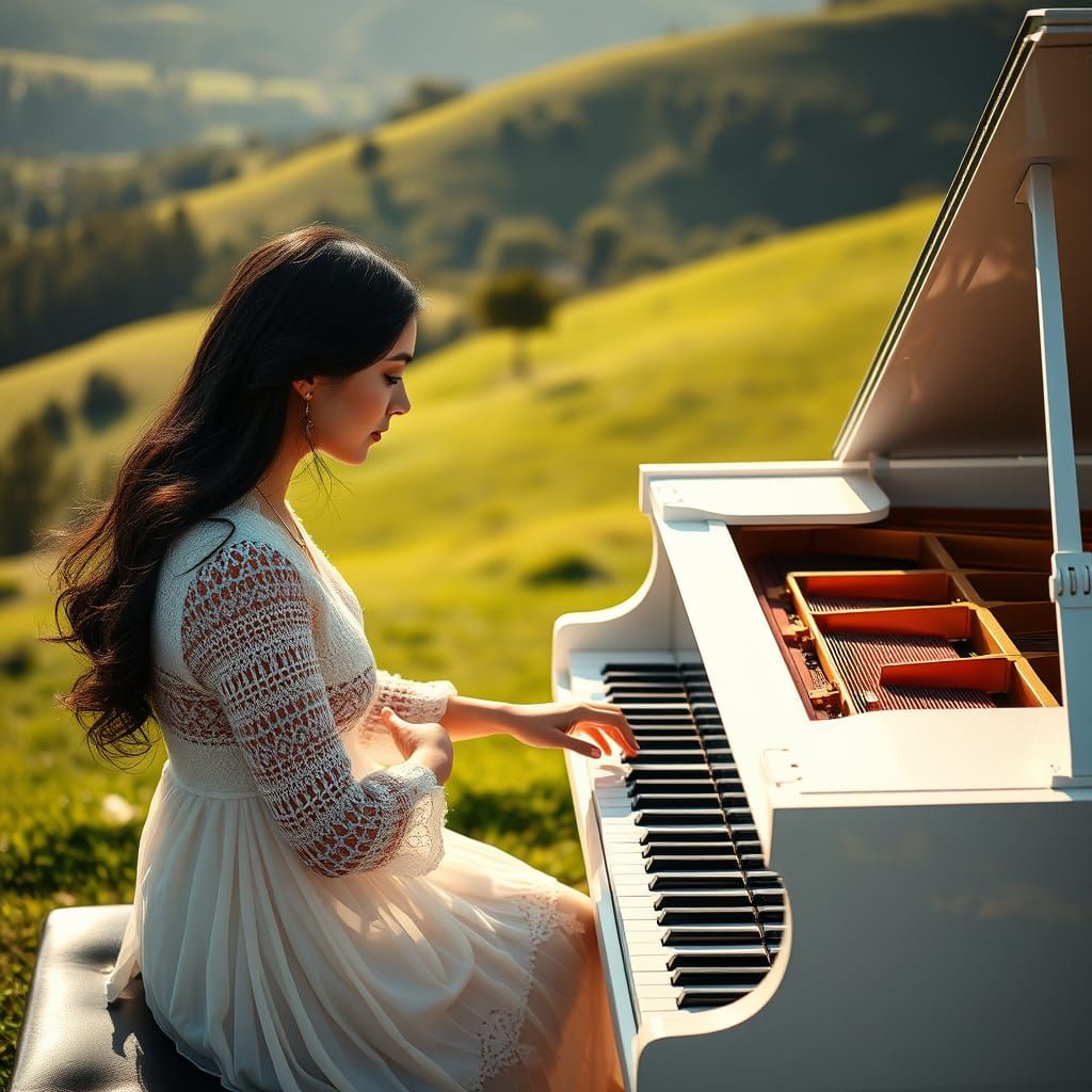 Elegant Woman Plays Piano Under Summer Sunlight