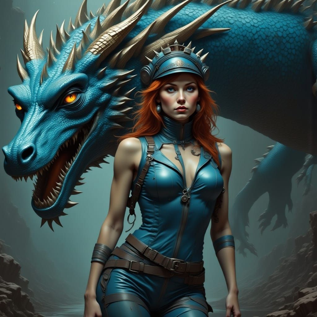 Woman and Dragon in Retrofuturistic Dark Academia Style