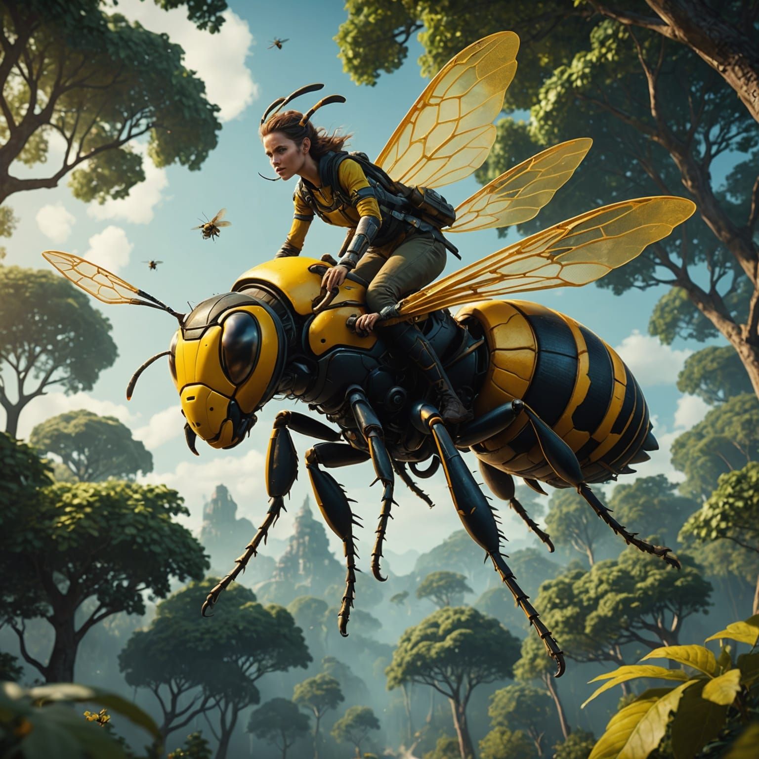 Woman Rides Giant Wasp in Fantasy Landscape