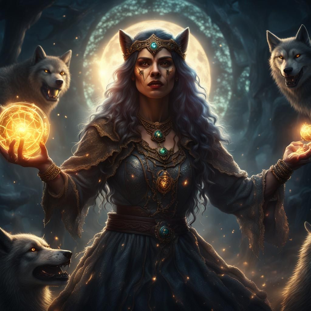 Werewolf Priestess Breaking a Curse in Magical Light