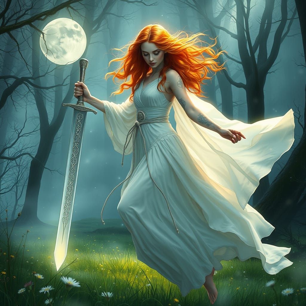 Celtic Sorceress in Enchanted Moonlit Forest