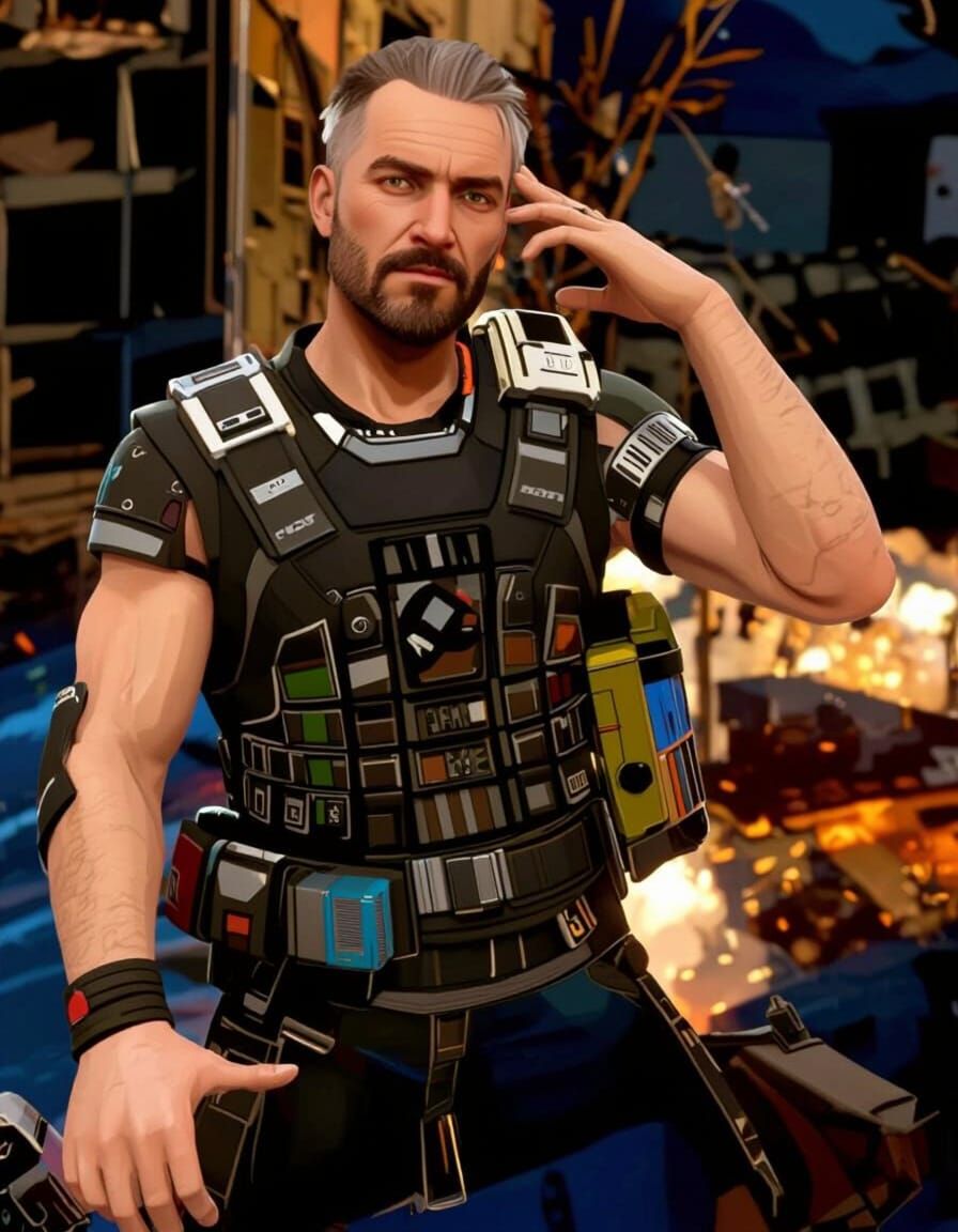 Handsome Warrior in War-Torn Cityscape, Hyperrealistic Style