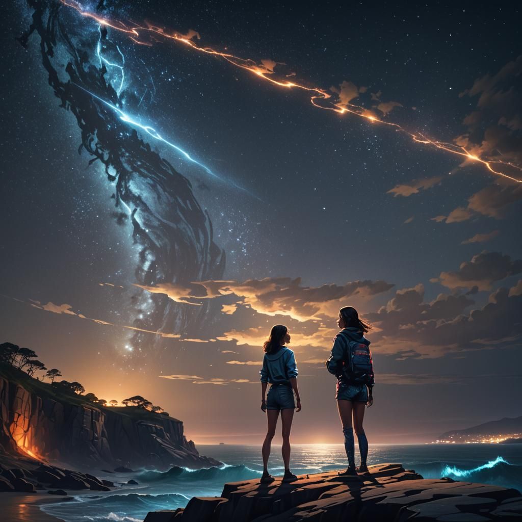 Cliffside Woman Bathed in Projector Lights