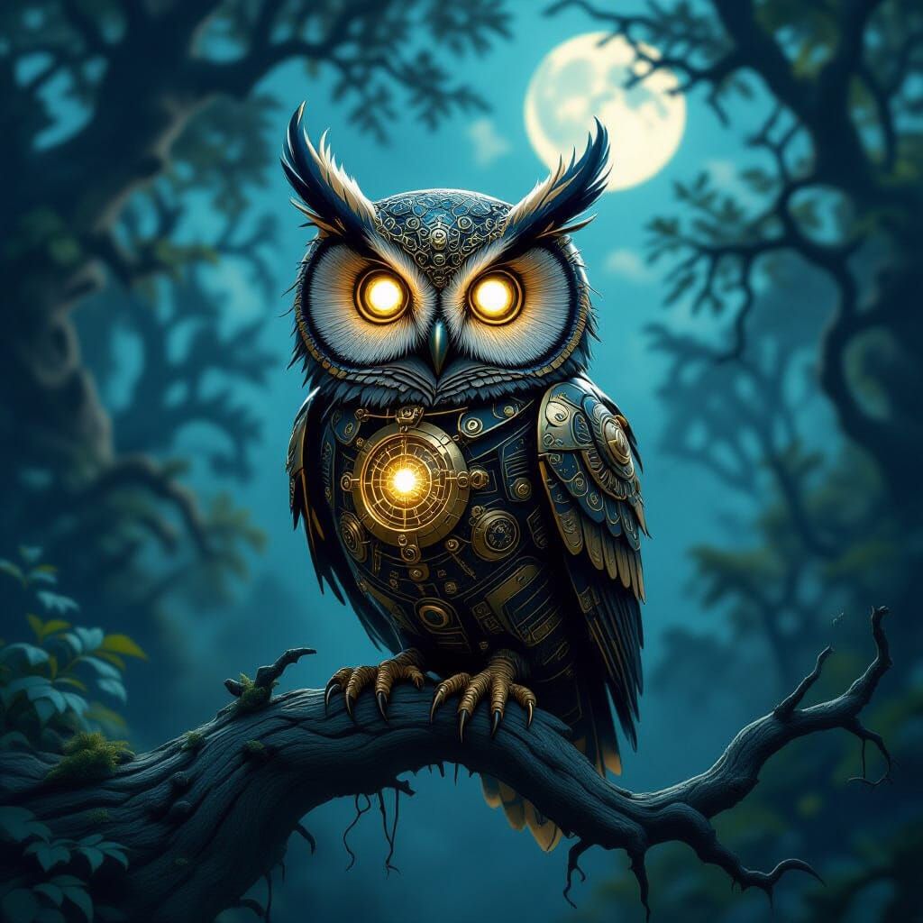 Clockwork Owl of Spider Silk and Brass on Ancient Branch