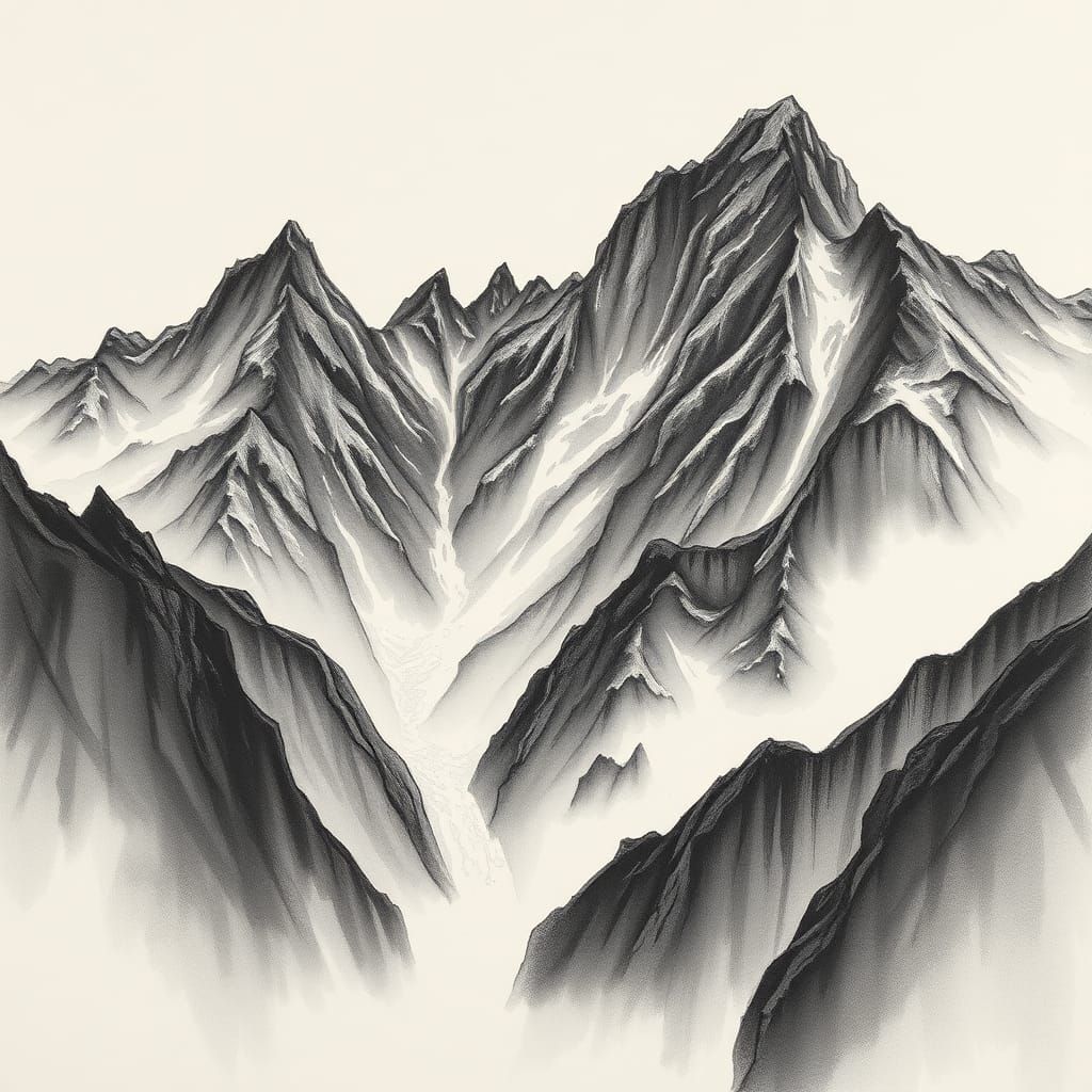 Charcoal Mountainscape with Ink Washes