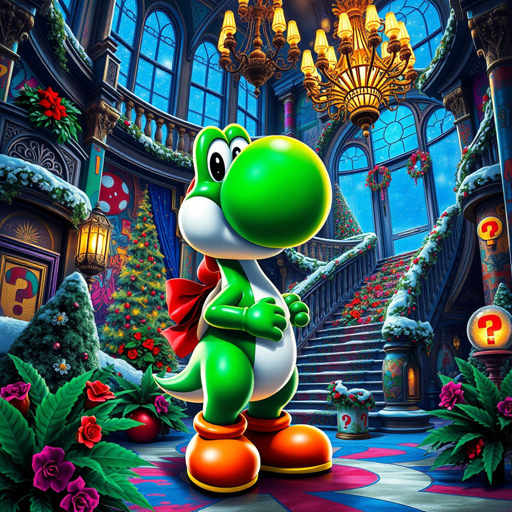 Yoshi in a Christmas Super Mario Mansion