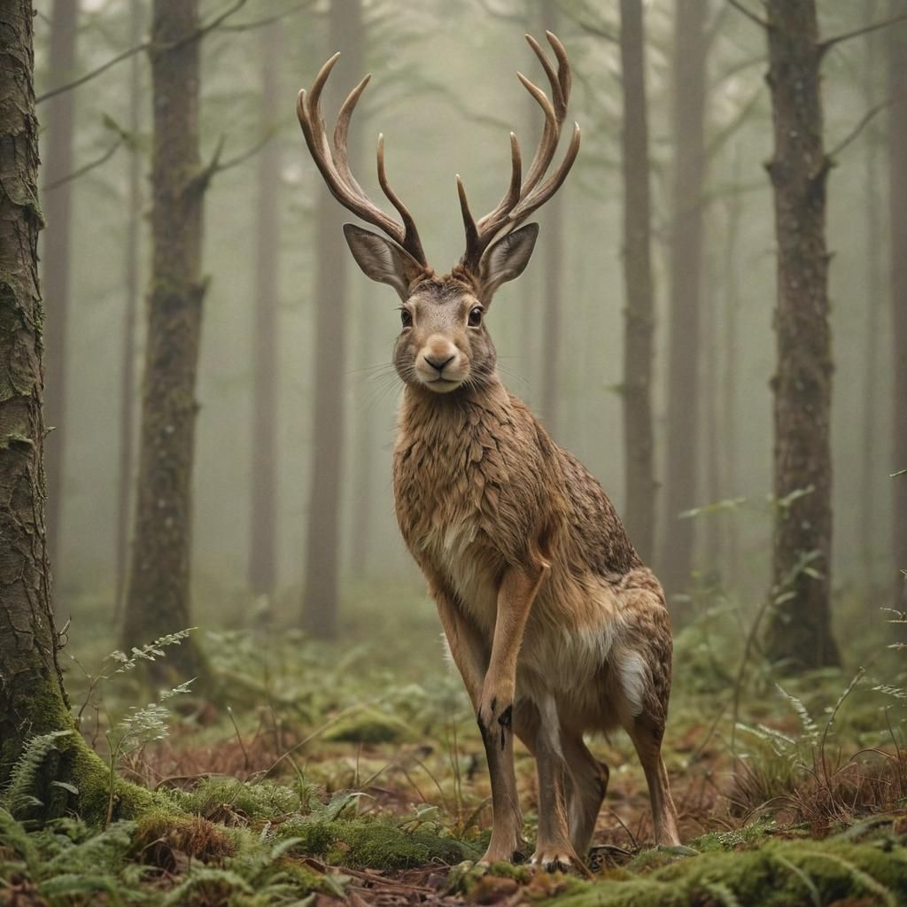 Anthropomorphic Hare with Antlers in Misty Forest